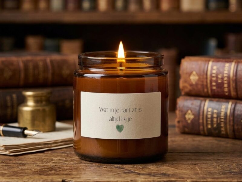 Kaarsje in amberkleurig glas met etiket "Wat in je hart zit is altijd bij je" en een groen hartje