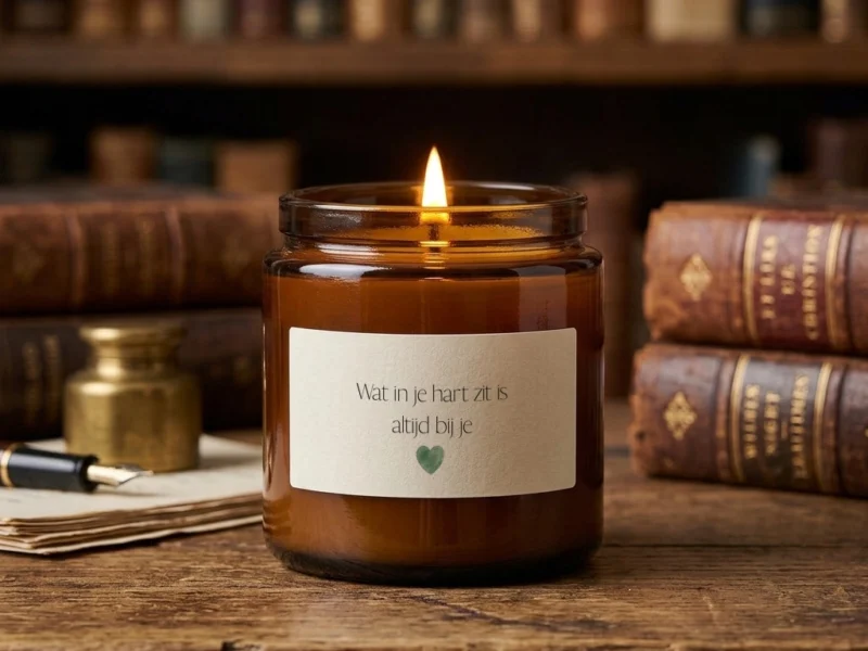 Kaarsje in amberkleurig glas met etiket "Wat in je hart zit is altijd bij je" en een groen hartje