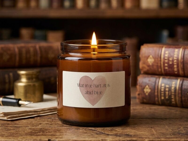 Kaarsje in amberkleurig glas met etiket "Wat in je hart zit is altijd bij je" en een roze hartje