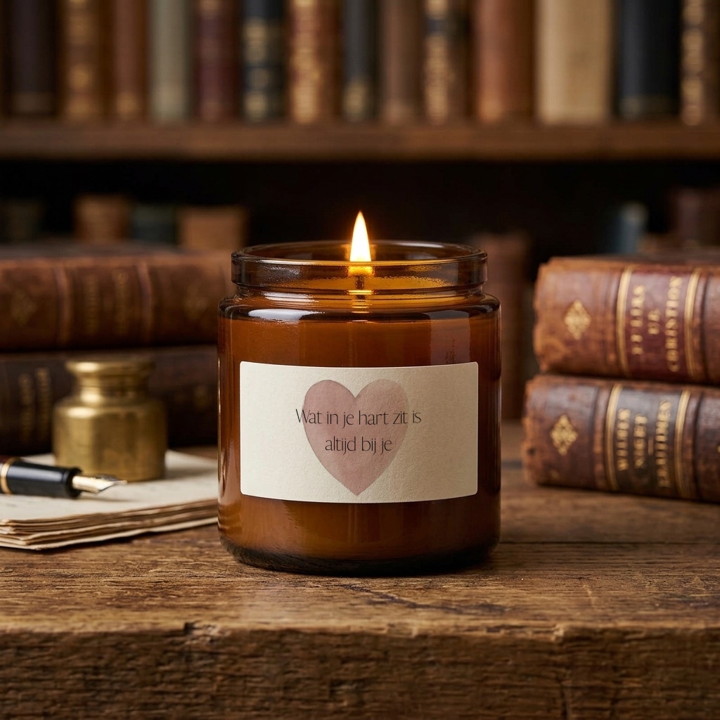 Kaarsje in amberkleurig glas met etiket "Wat in je hart zit is altijd bij je" en een roze hartje