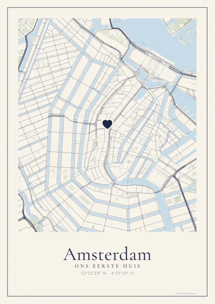 Stadsportret van de grachtengordel in Amsterdam met de tekst Ons eerste huis en een hartje op de plek