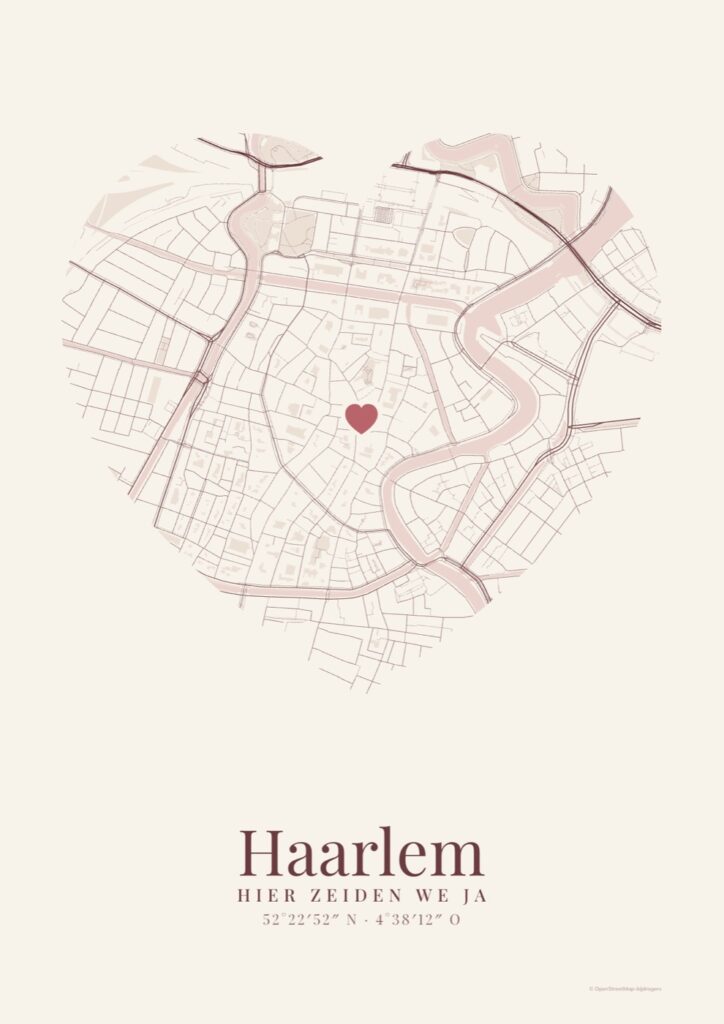 Stadsportret van Haarlem in de vorm van een hart, met de tekst Hier zeiden we ja