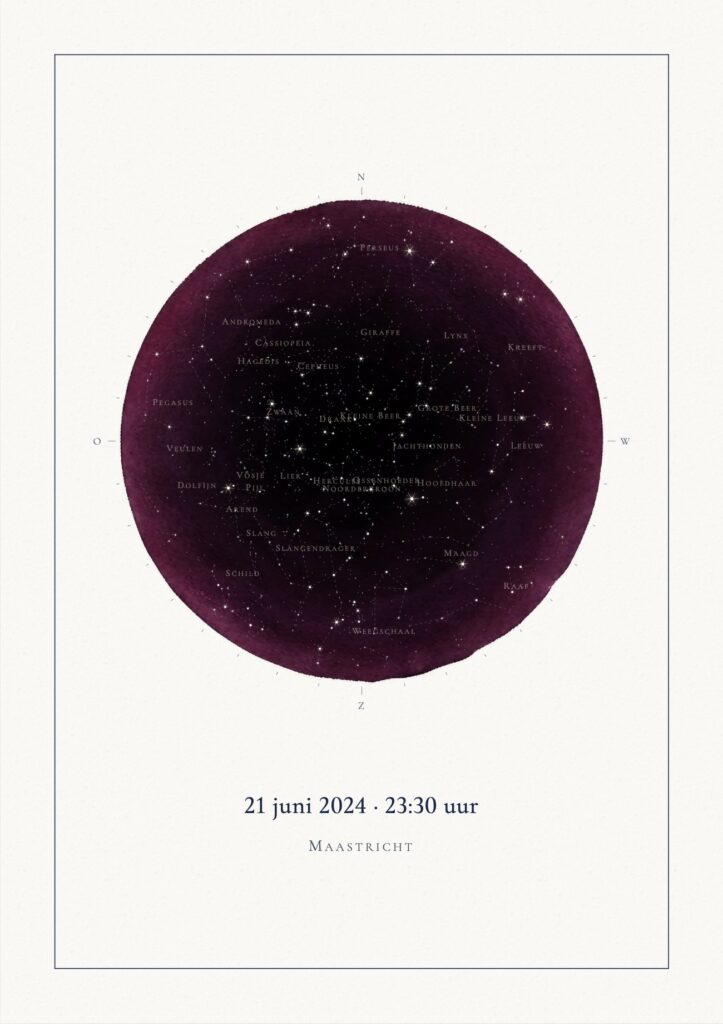 Sterrenkaart van 21 juni 2024 om 23:30 uur in Maastricht, met sterrenbeelden, namen en een kader