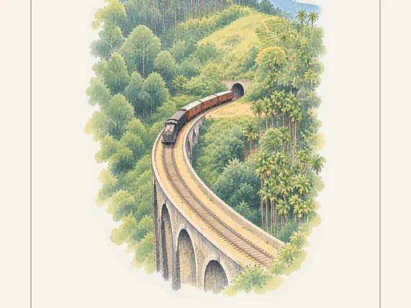Vakantieportret: waterverftekening van de Nine Arch Bridge in Sri Lanka op geschept papier