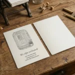 Enkele verhuiskaart met een tekening van de voordeur, de tekst We zijn verhuisd en het nieuwe adres